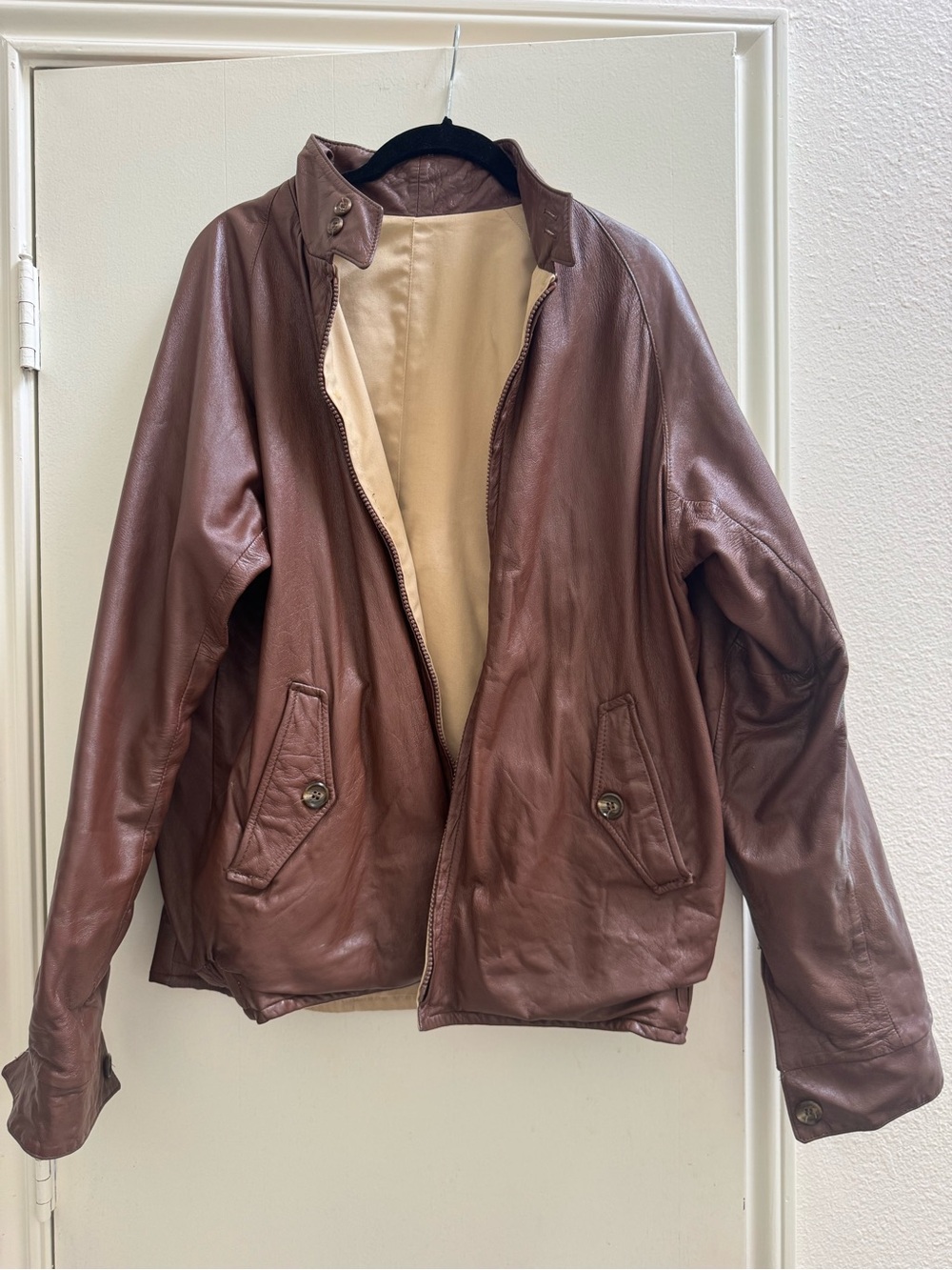 Vtg 1980s Reversible Smooth Brown Leather/Tan Fabric  Bomber Style Jacket Sz M
